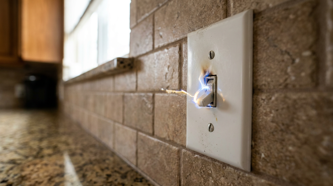A faulty kitchen light switch for a garbage disposal is sparking with electricity.