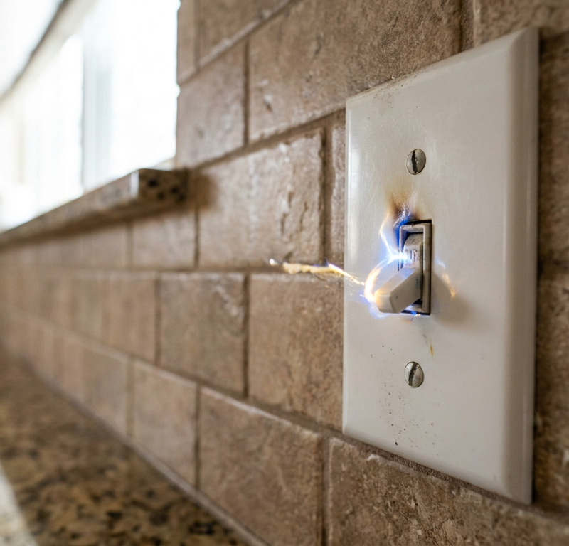 A faulty kitchen light switch for a garbage disposal is sparking with electricity.