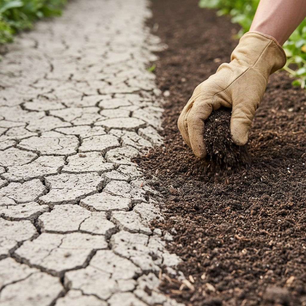 Close-up of hard, cracked compacted garden soil next to rich, loose, dark soil.