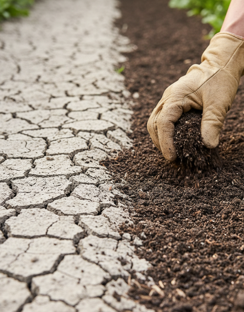 Close-up of hard, cracked compacted garden soil next to rich, loose, dark soil.