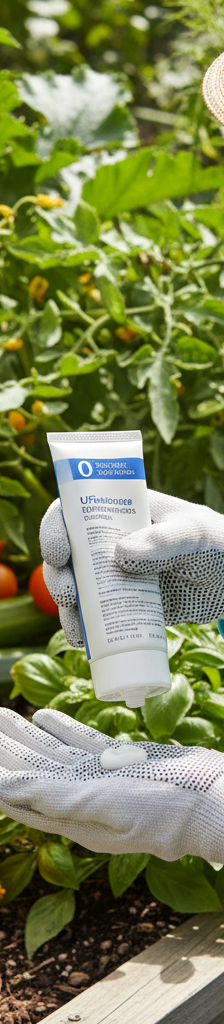 Gardener applying sunscreen to hands, wearing sun-protective clothing in a garden