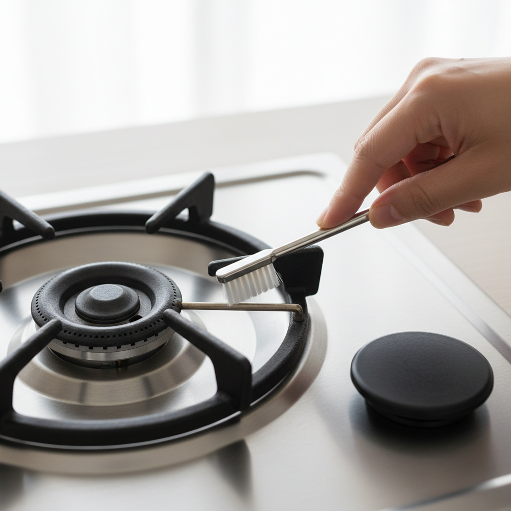 Homeowner cleaning a gas stove burner's thermocouple with a toothbrush to fix a flame that won't stay lit.