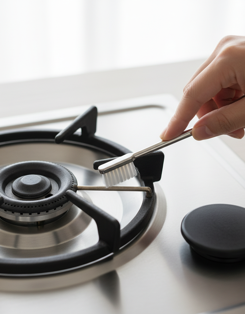 Homeowner cleaning a gas stove burner's thermocouple with a toothbrush to fix a flame that won't stay lit.
