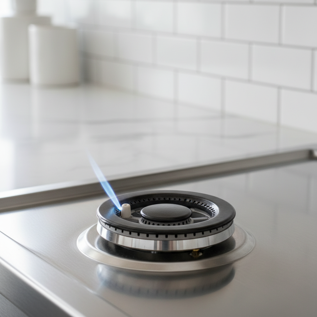 Close-up of gas stove burner with igniter sparking