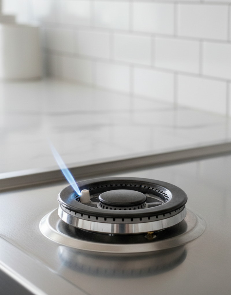 Close-up of gas stove burner with igniter sparking