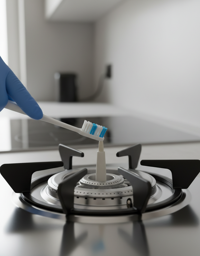 Homeowner cleaning a gas stove igniter with a toothbrush to fix a burner that won't light.