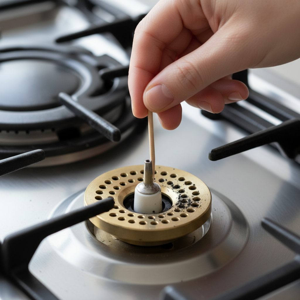 Hand cleaning a gas stove burner igniter and gas ports with a small brush to fix a non-lighting issue.