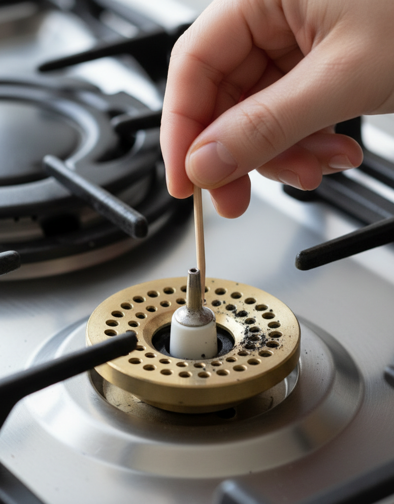Hand cleaning a gas stove burner igniter and gas ports with a small brush to fix a non-lighting issue.