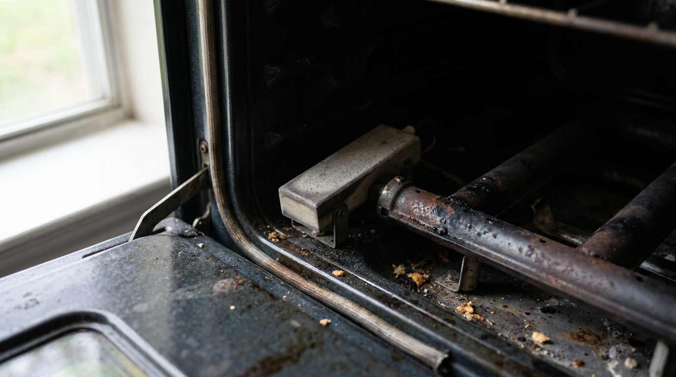A close-up of a failed gas oven igniter inside an unlit oven, showing the part that needs to be replaced.
