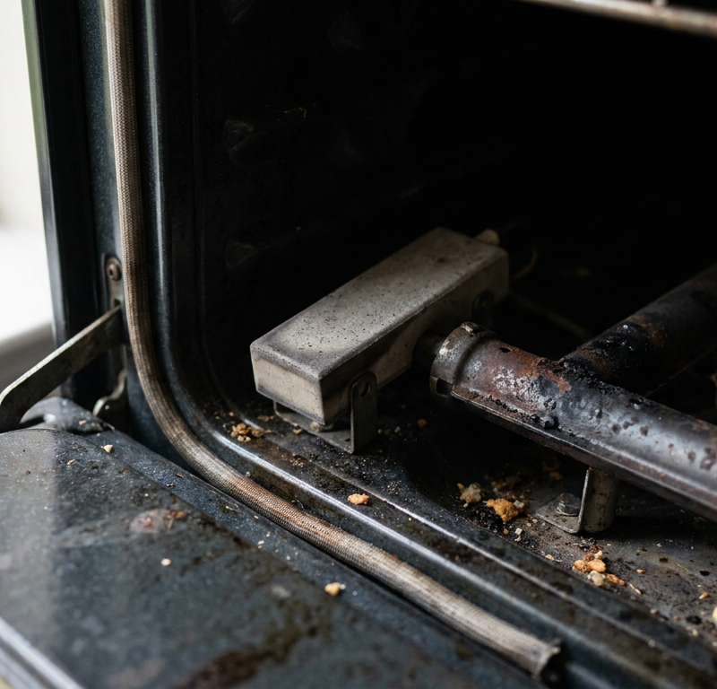 A close-up of a failed gas oven igniter inside an unlit oven, showing the part that needs to be replaced.