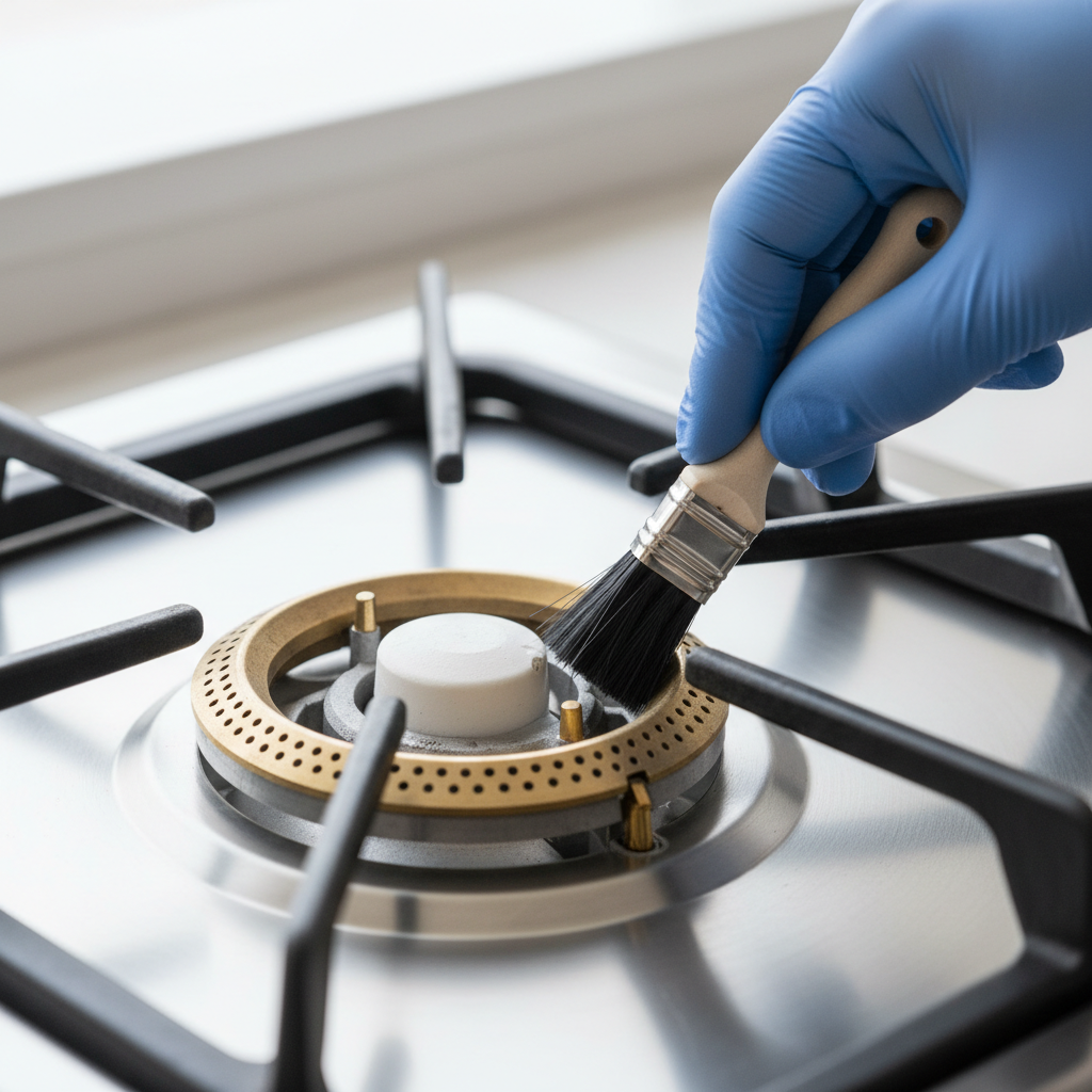 Homeowner using a toothbrush to clean a gas stove igniter after removing the burner cap and grate.