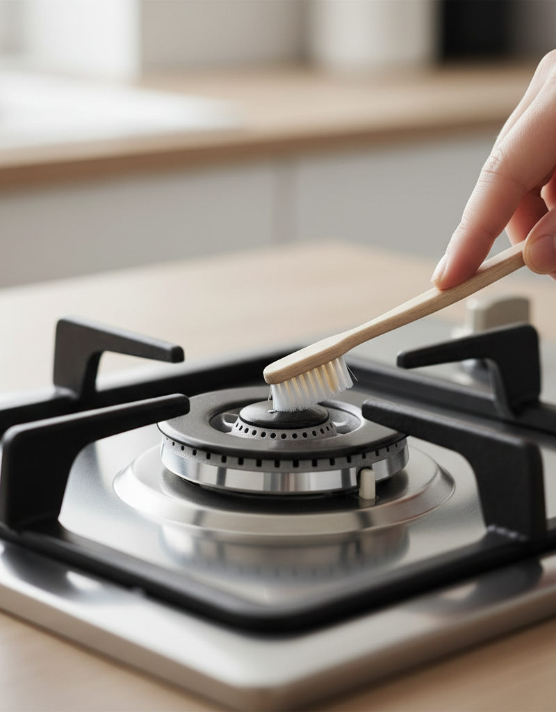 Homeowner cleaning a gas stove burner igniter with a toothbrush to fix a non-lighting burner.