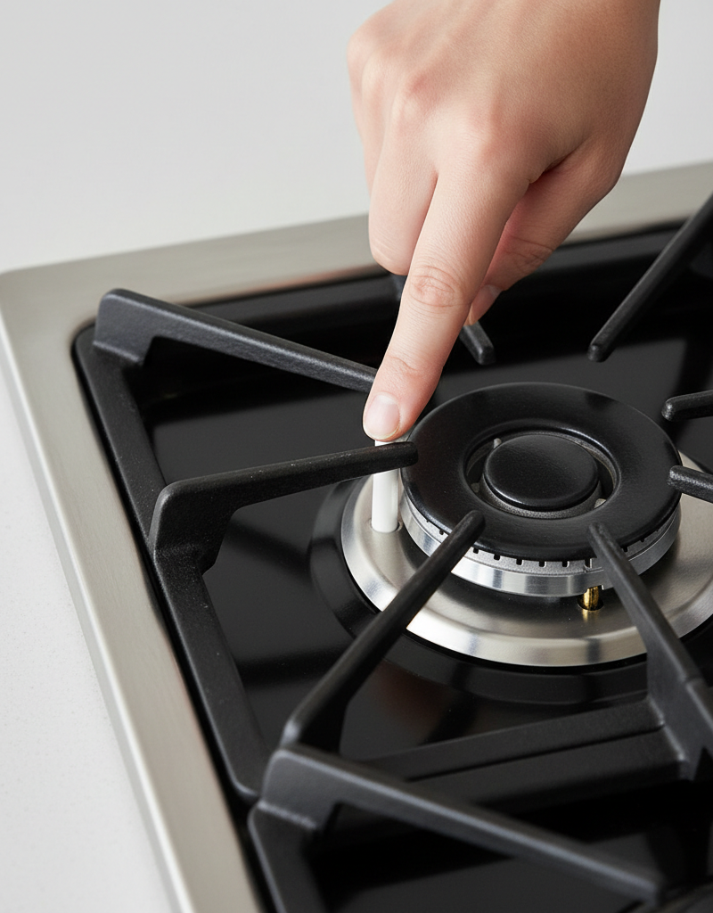 Hand pointing to the igniter on a gas stove burner with the grates and caps removed, ready for cleaning.