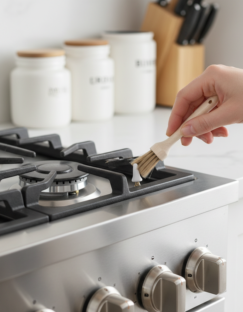 Homeowner cleaning a gas stove igniter with a small brush next to a burner head on a stainless steel range.
