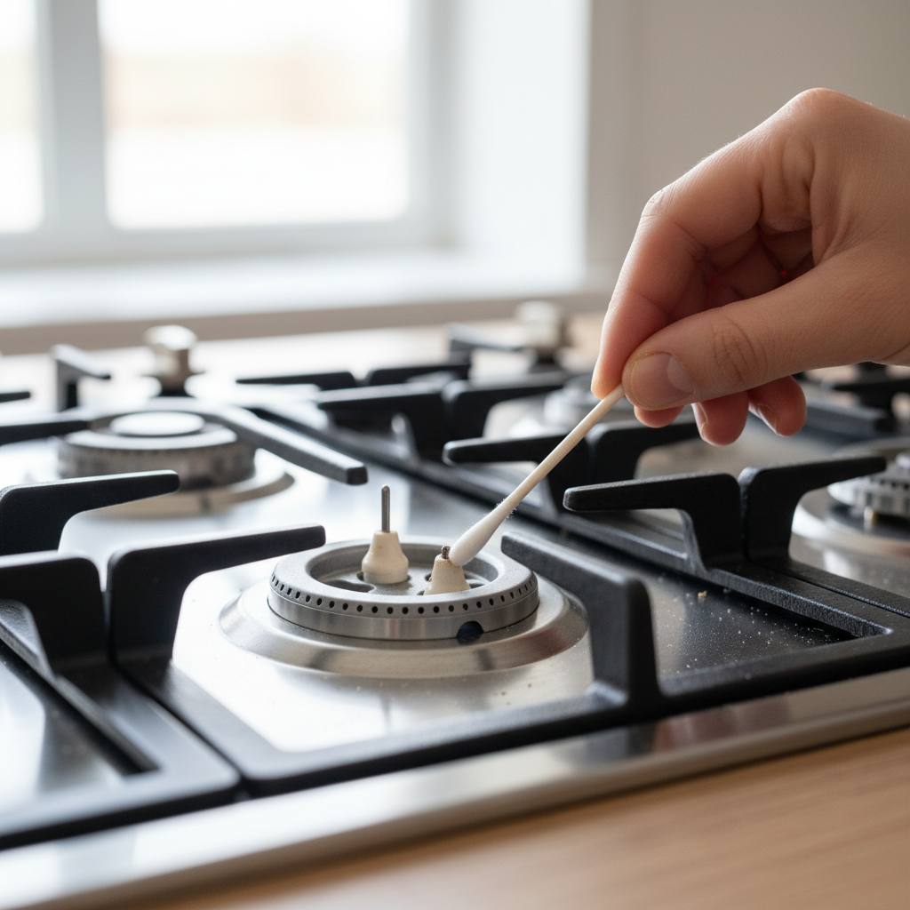 Homeowner cleaning a gas stove burner igniter with a cotton swab to fix a non-lighting burner.