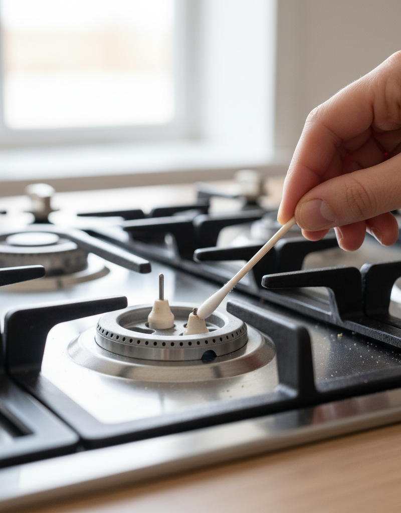 Homeowner cleaning a gas stove burner igniter with a cotton swab to fix a non-lighting burner.