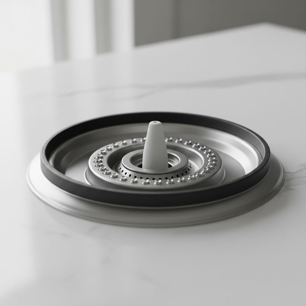 Close-up of a gas stove burner with components removed, showing a clean igniter and clear gas ports.