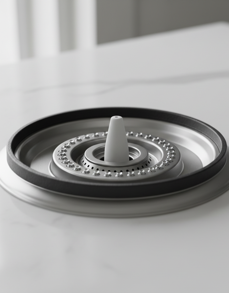 Close-up of a gas stove burner with components removed, showing a clean igniter and clear gas ports.
