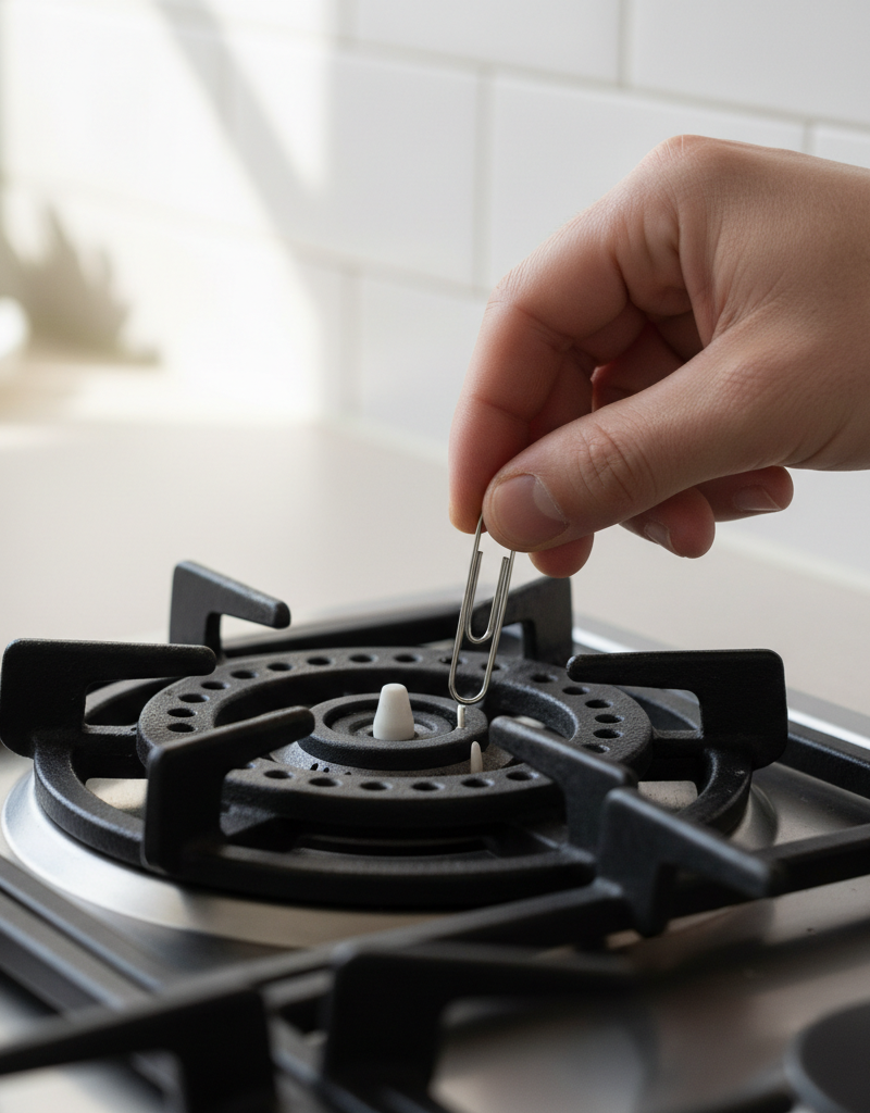 Homeowner cleaning a gas stove burner with a paperclip to fix ignition issues.