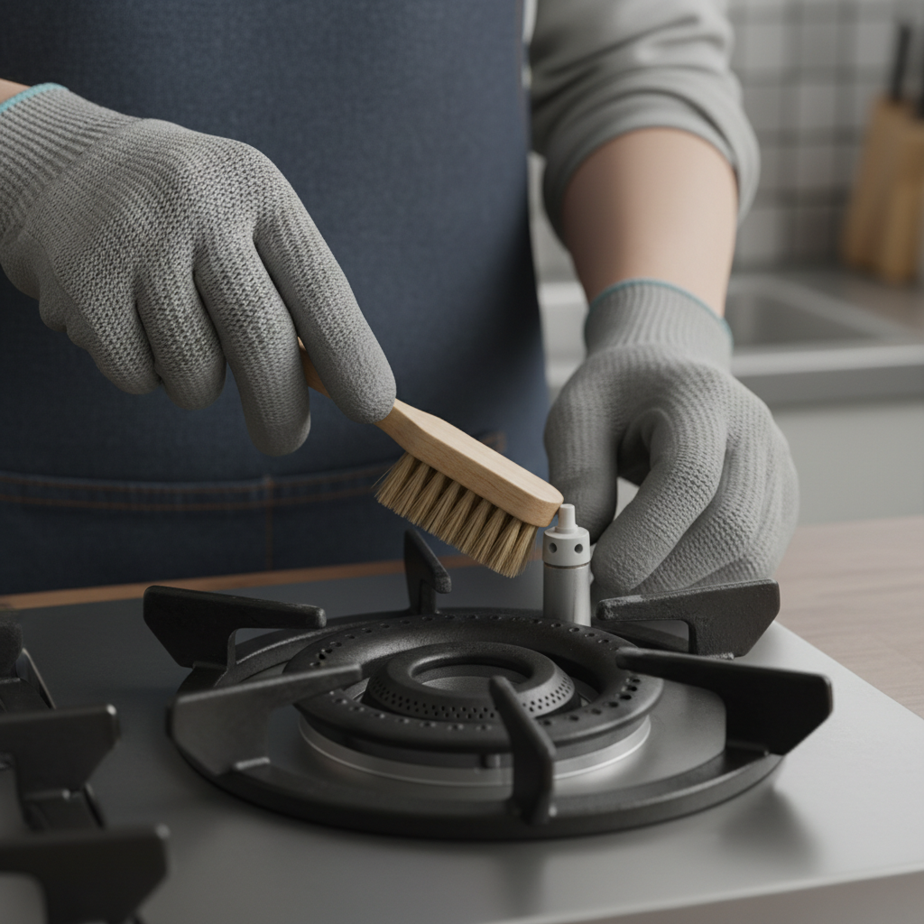 Homeowner cleaning a gas stove igniter with a small brush, emphasizing burner ports.