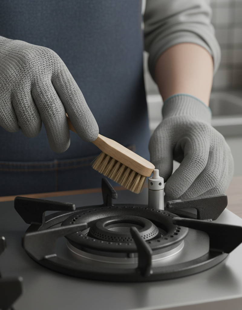 Homeowner cleaning a gas stove igniter with a small brush, emphasizing burner ports.