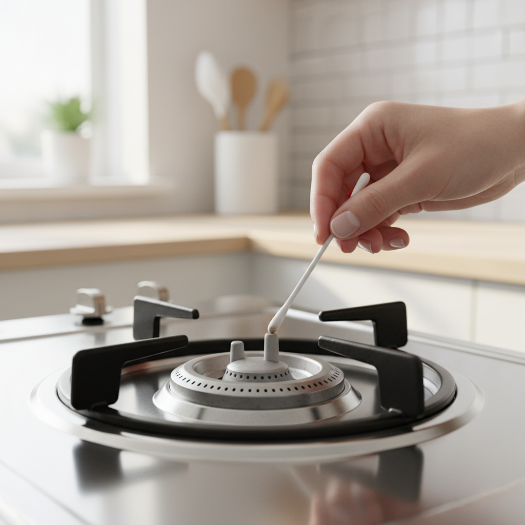 Homeowner cleaning a gas stove igniter with a cotton swab to fix a non-lighting burner.
