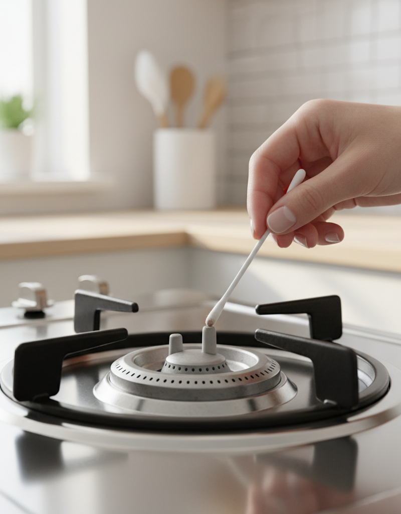 Homeowner cleaning a gas stove igniter with a cotton swab to fix a non-lighting burner.