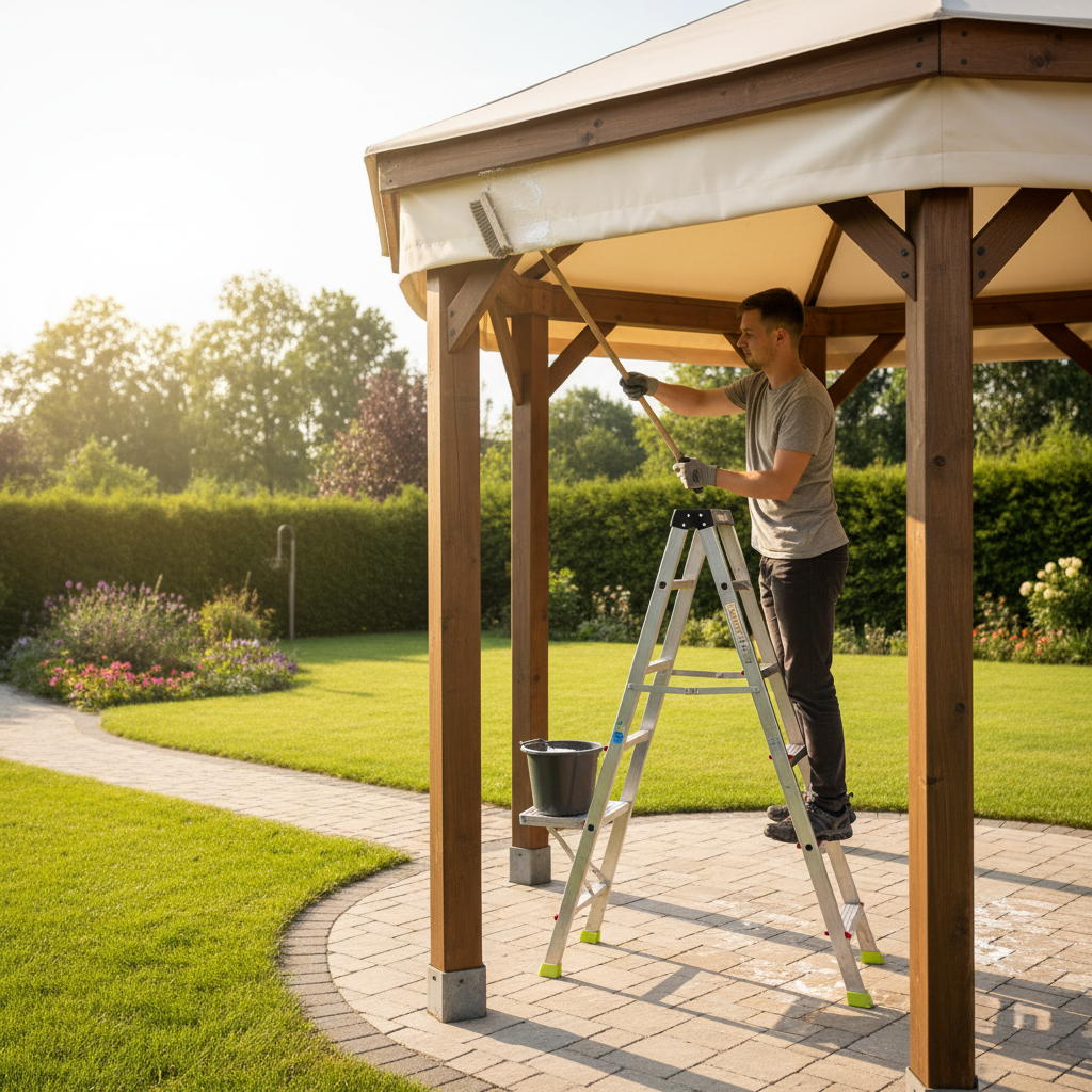 Homeowner safely cleaning a gazebo canopy with a brush, preventing mildew and preserving the outdoor structure.