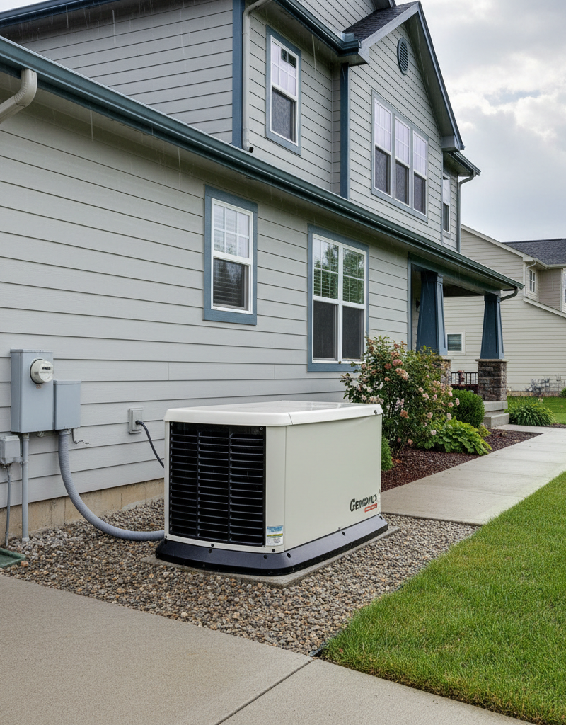 Standby generator outside a modern suburban home, ready for power outages