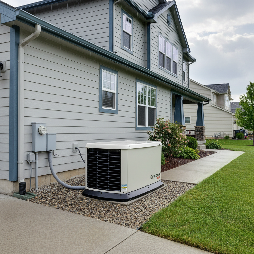 Standby generator outside a modern suburban home, ready for power outages