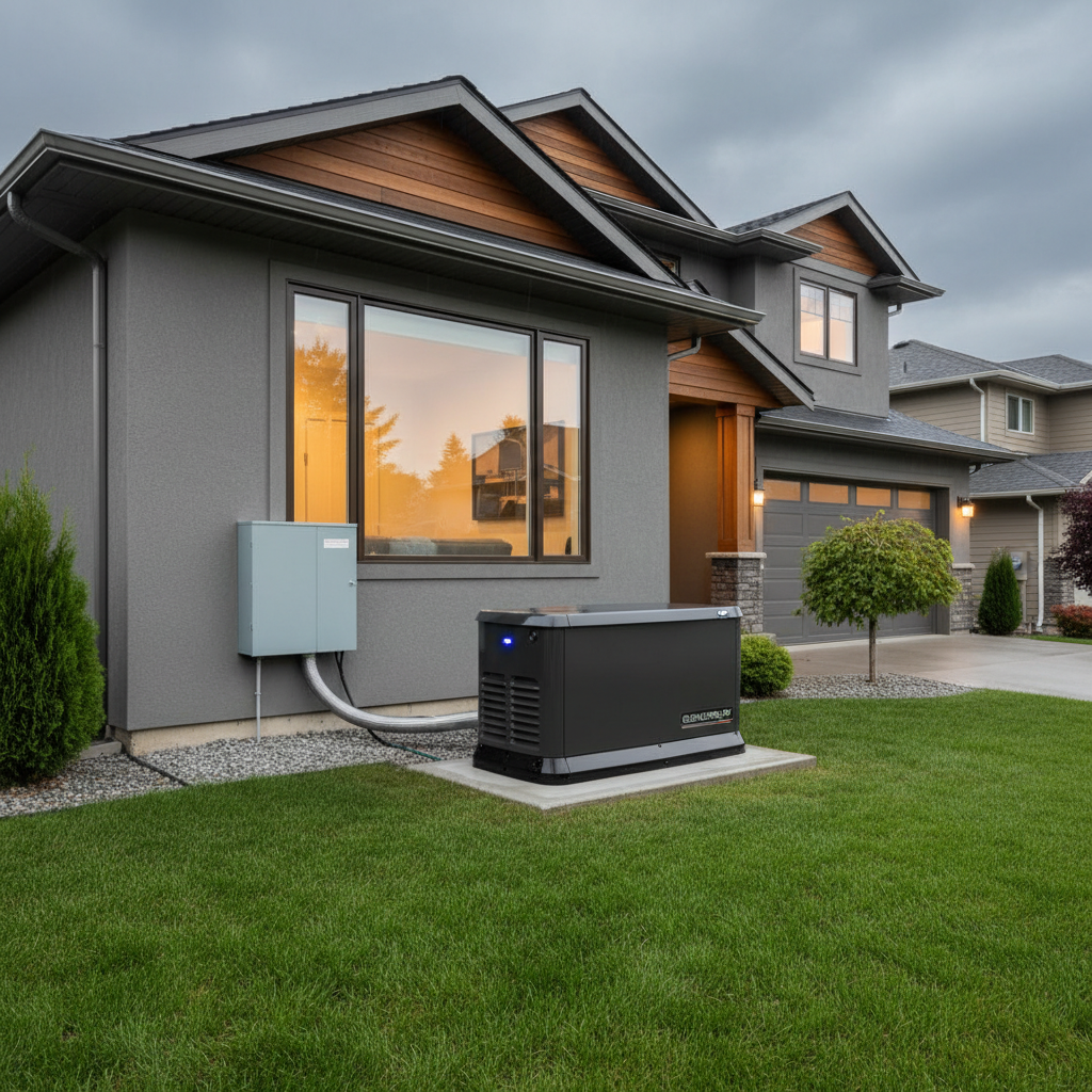 Standby generator providing power to a modern home during an outage, illustrating preparedness