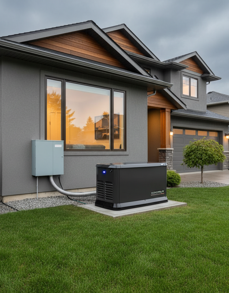 Standby generator providing power to a modern home during an outage, illustrating preparedness