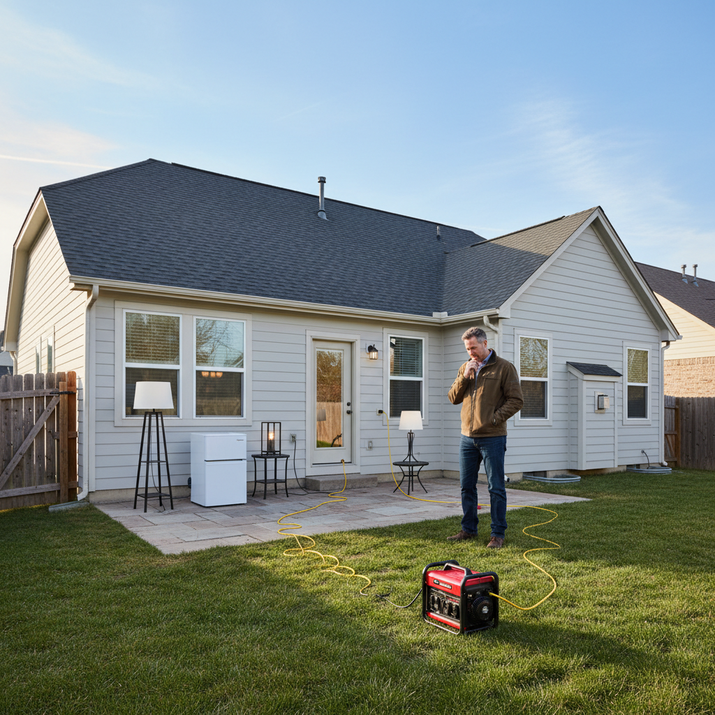 Homeowner evaluating a portable generator set up safely away from the house during an outage