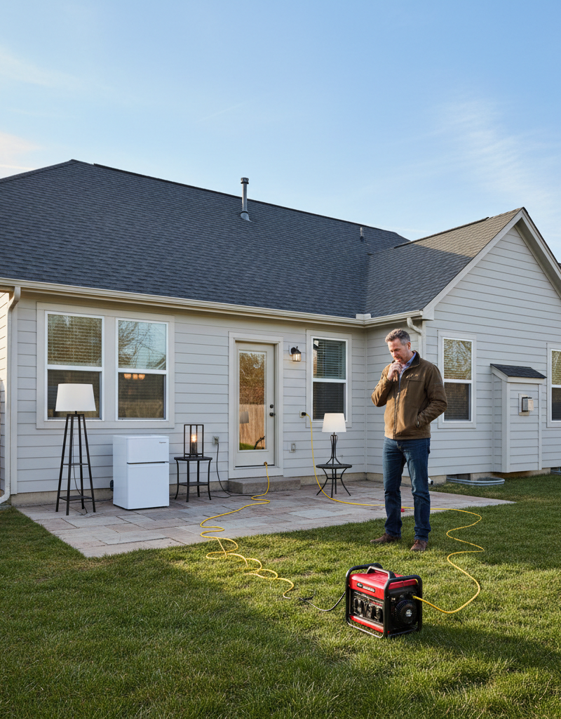 Homeowner evaluating a portable generator set up safely away from the house during an outage