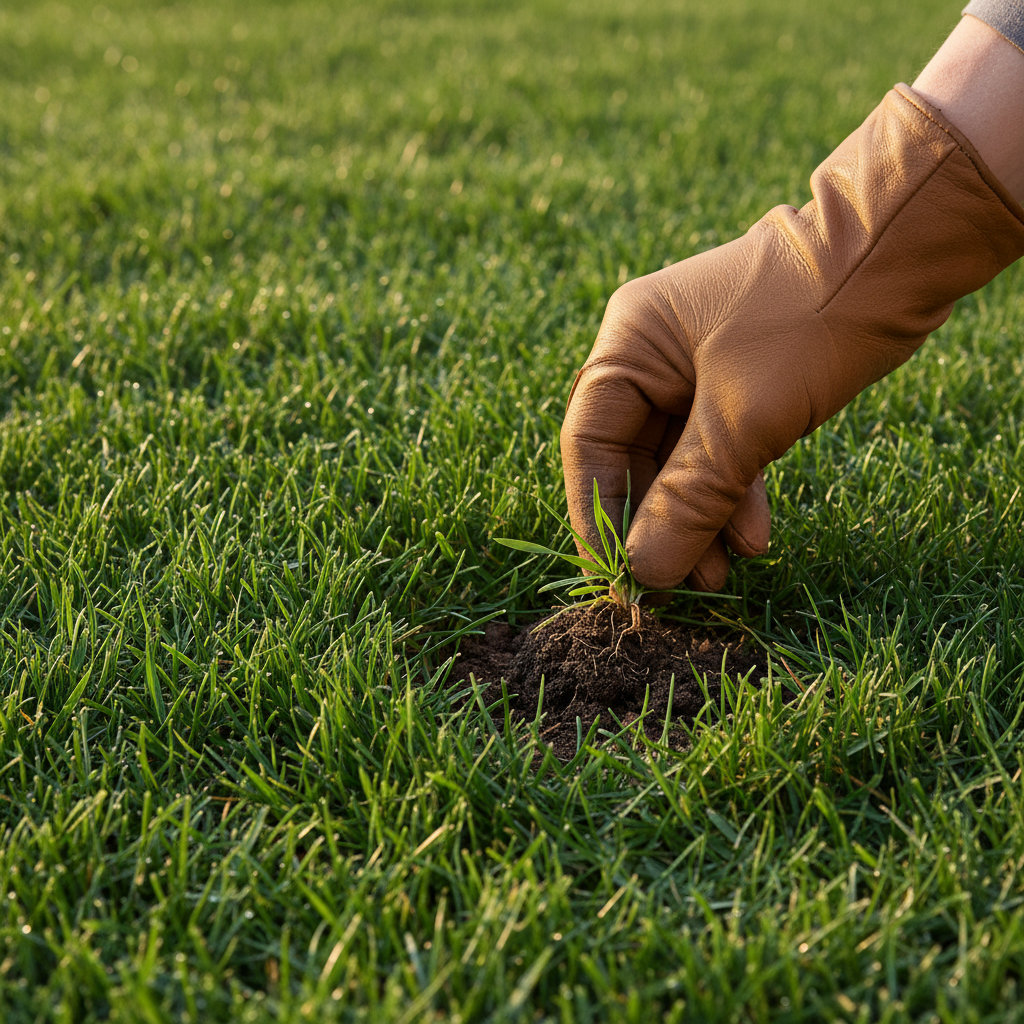 A homeowner's hand gently pulling a young crabgrass plant from a lush green lawn, illustrating natural weed removal.