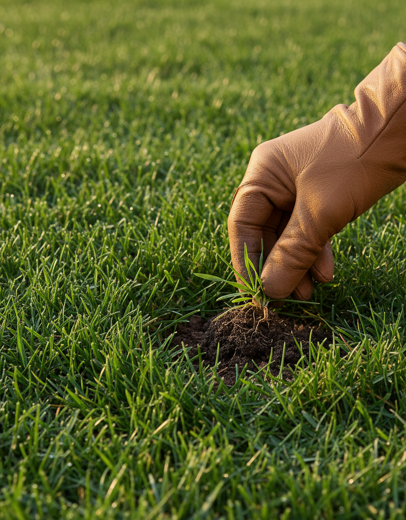 A homeowner's hand gently pulling a young crabgrass plant from a lush green lawn, illustrating natural weed removal.