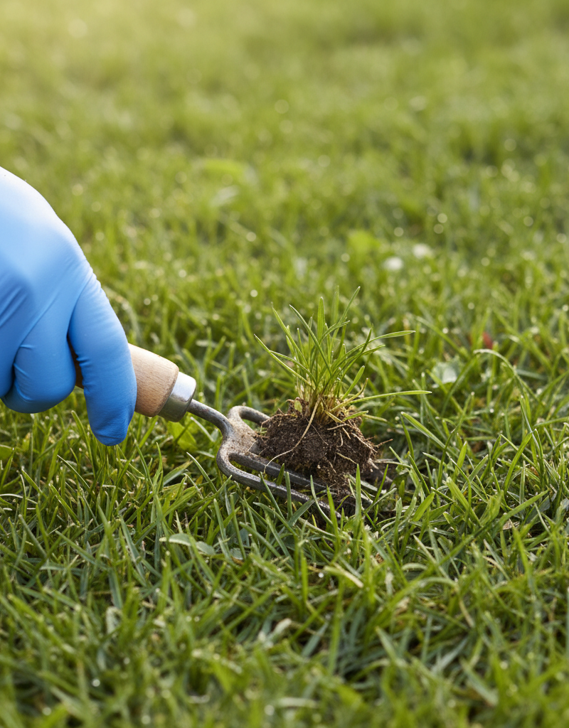 Homeowner's hand removing young crabgrass from a healthy green lawn
