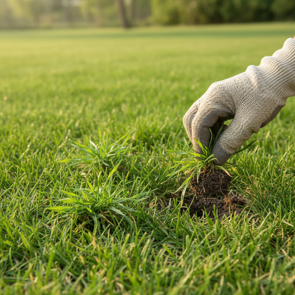 Gloved hand pulling small crabgrass weed from a healthy green lawn