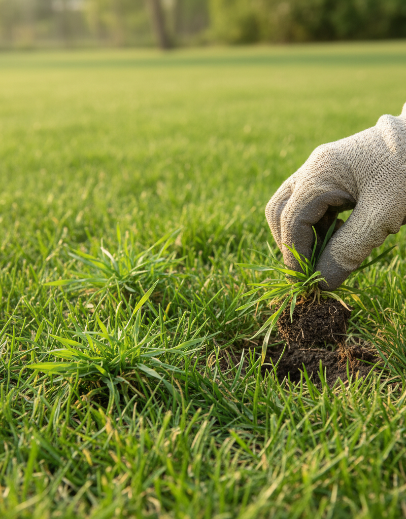 Gloved hand pulling small crabgrass weed from a healthy green lawn
