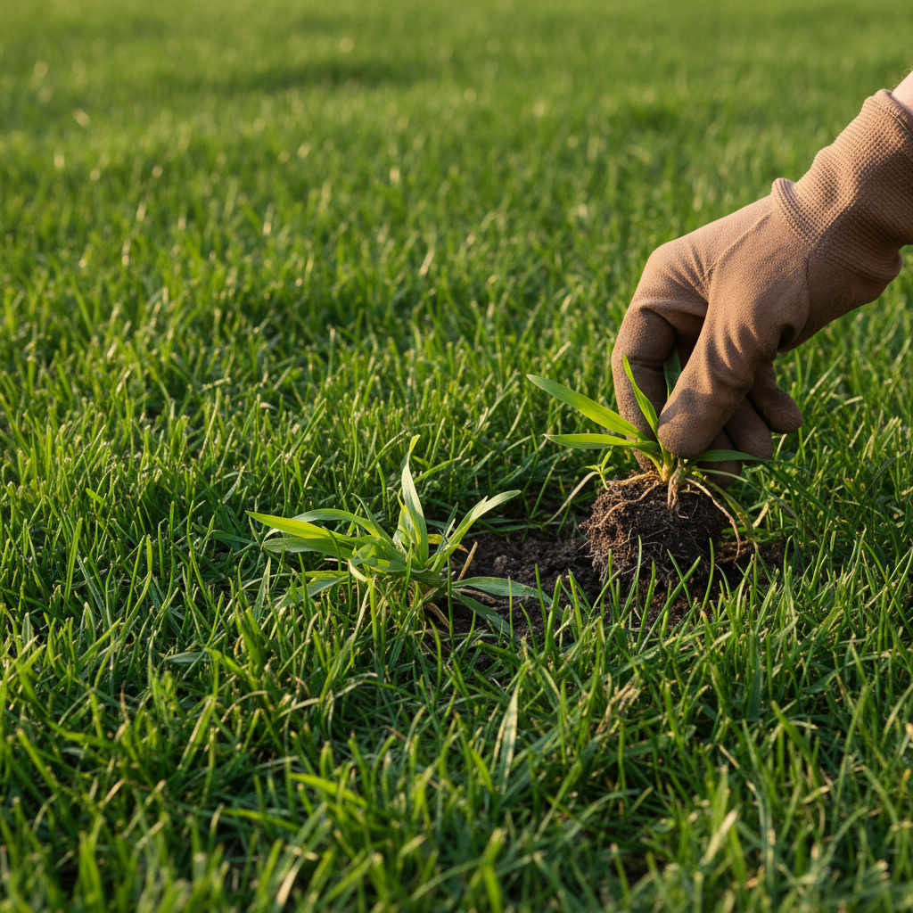 Hand pulling young crabgrass from a healthy green lawn on a sunny day.