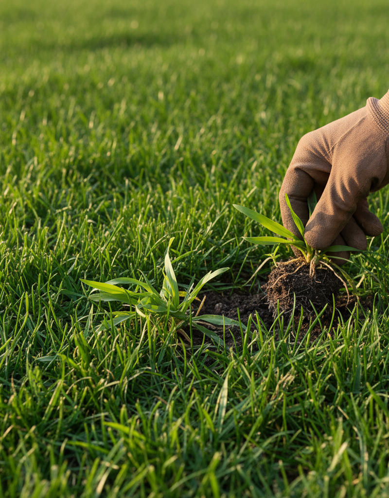 Hand pulling young crabgrass from a healthy green lawn on a sunny day.