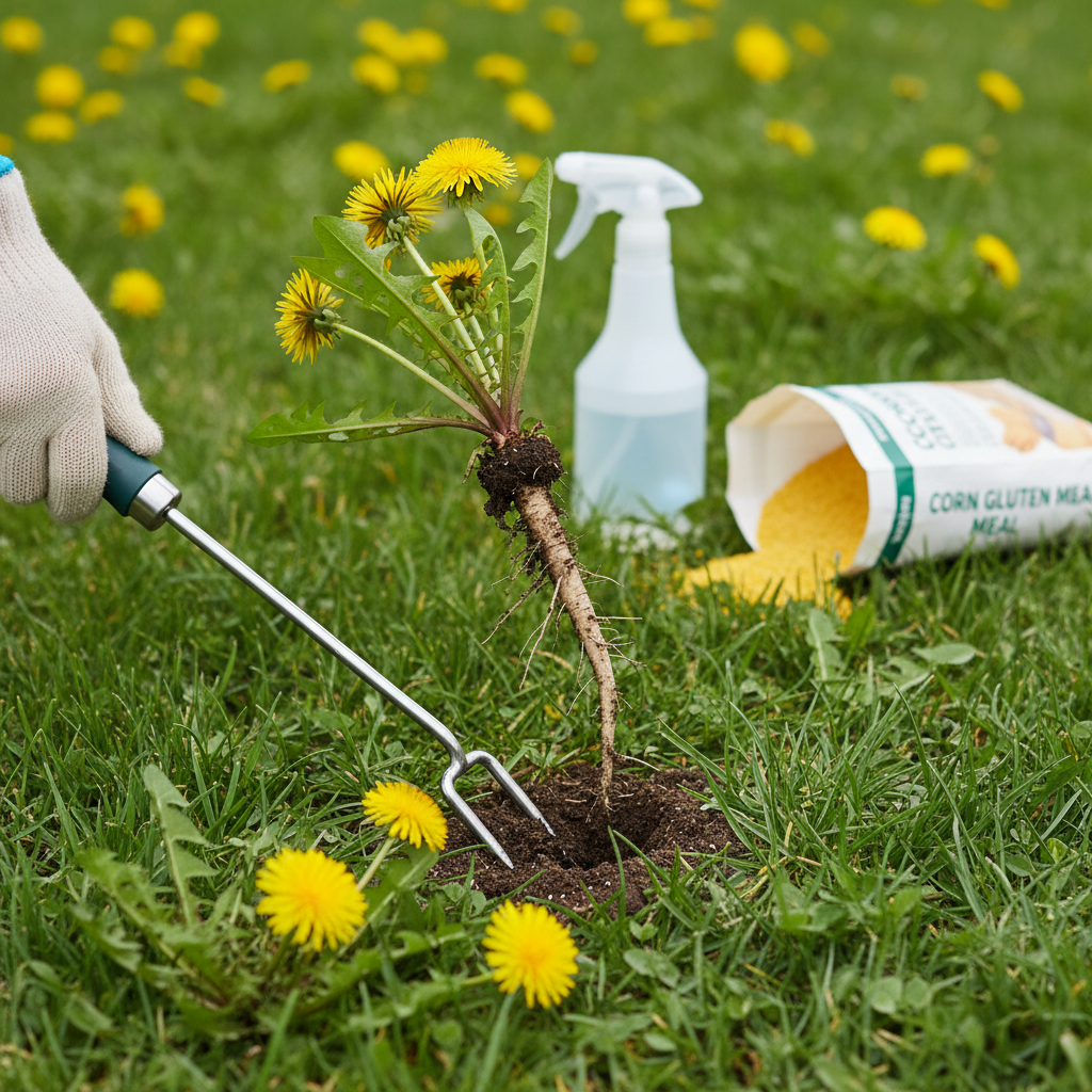 Homeowner removing dandelions from a lawn using various tools and methods.