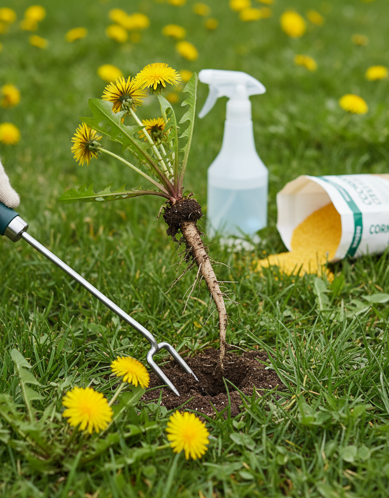 Homeowner removing dandelions from a lawn using various tools and methods.