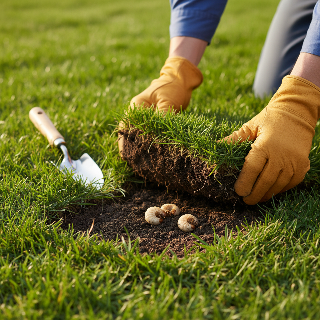 Homeowner inspecting lawn for grubs by peeling back a section of turf