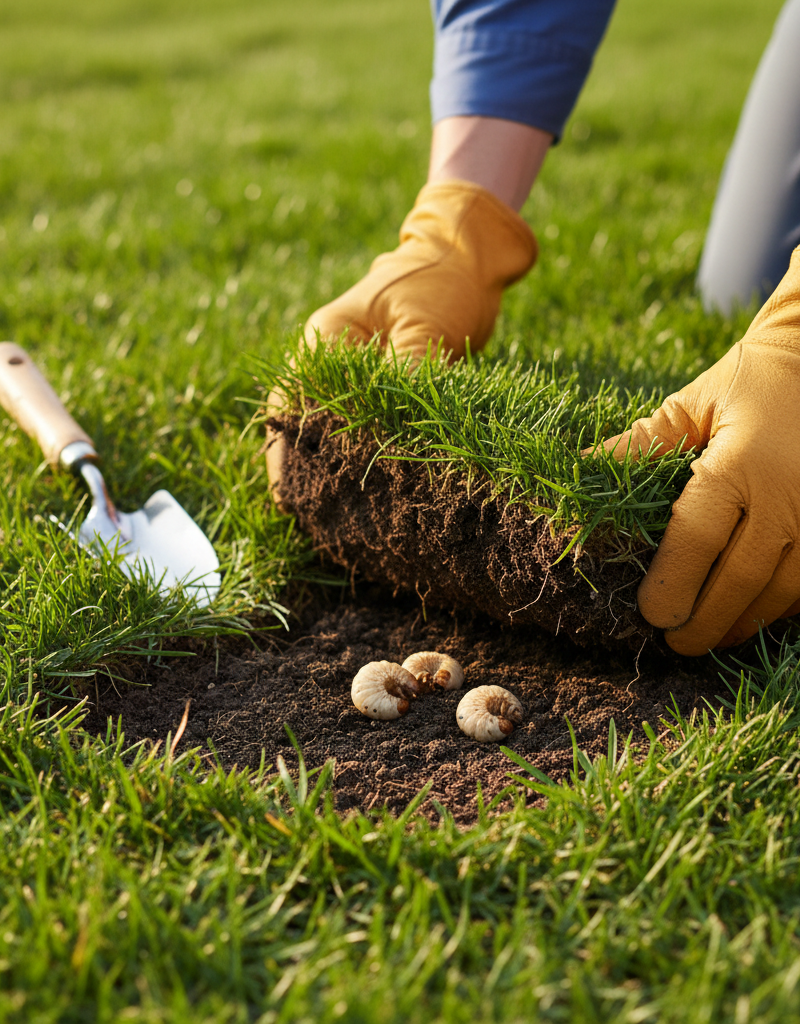 Homeowner inspecting lawn for grubs by peeling back a section of turf