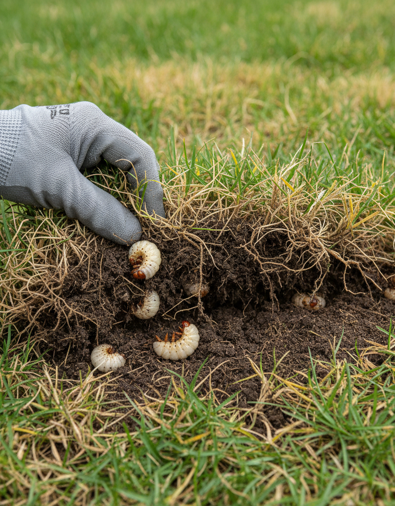 Homeowner pulling back dead grass to reveal white grubs in the soil, indicating an infestation.