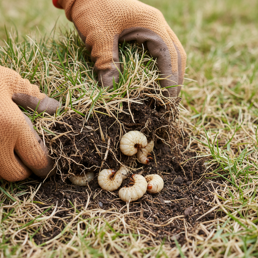 Homeowner inspecting lawn for grubs, holding a small section of turf with visible white grubs beneath