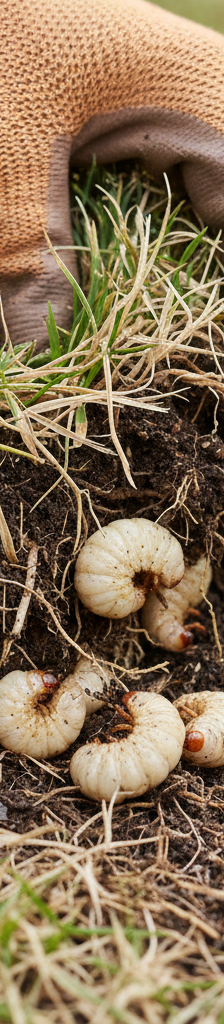 Homeowner inspecting lawn for grubs, holding a small section of turf with visible white grubs beneath