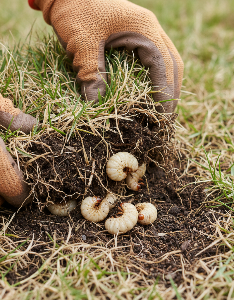 Homeowner inspecting lawn for grubs, holding a small section of turf with visible white grubs beneath