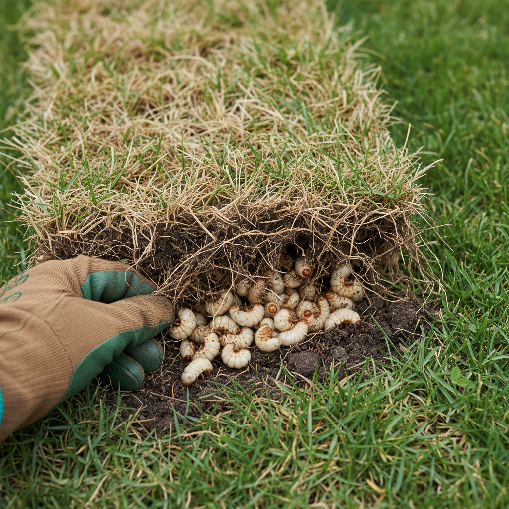 Homeowner revealing white grubs in damaged lawn roots